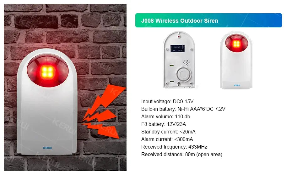 Kerui wireless home alarm siren with red LED, white finish; includes J008 outdoor siren components