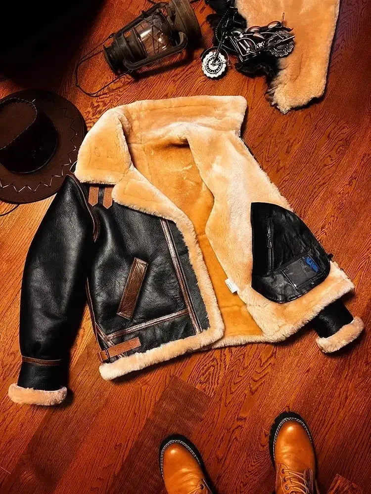 B3 shearling leather bomber jacket for men, black exterior with tan shearling lining by Simples Market.