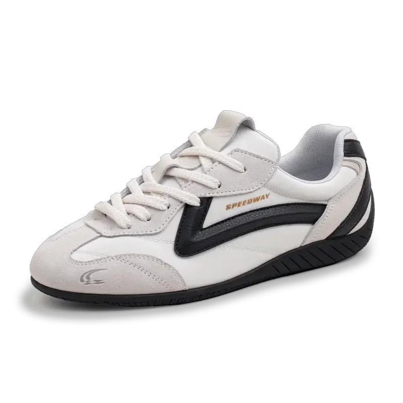 Maden unisex vintage patchwork racing sneakers, white/gray with black side stripe and Speedway logo, lace-up, thin sole