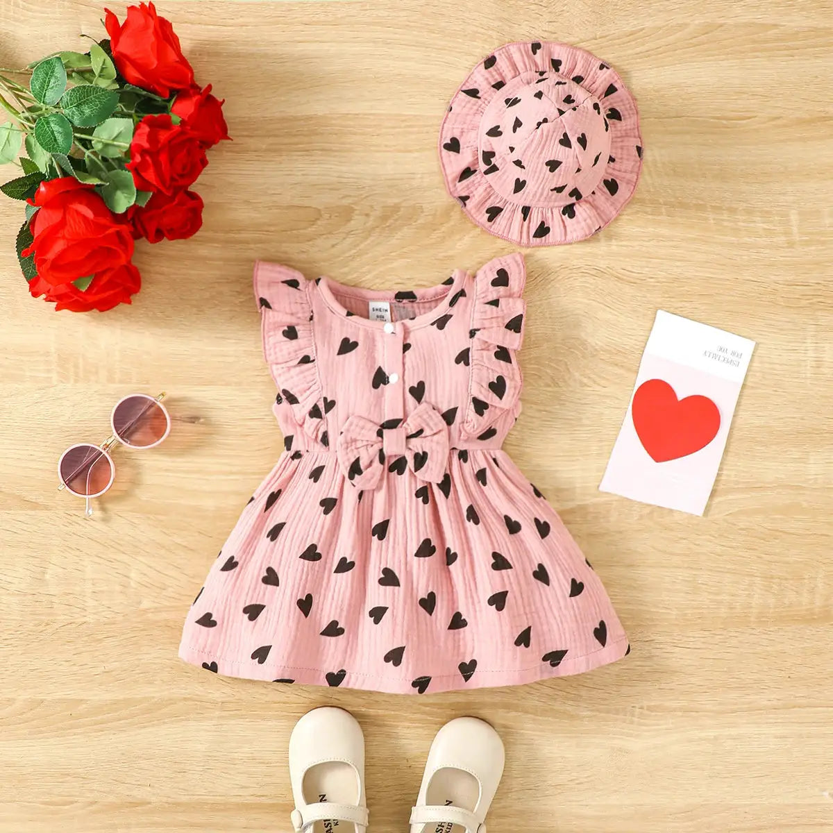 Two Piece Dress Set For Newborn Baby Girl With Love Print Sleeveless Dress And Hat Summer Fashion 0 To 9 Months