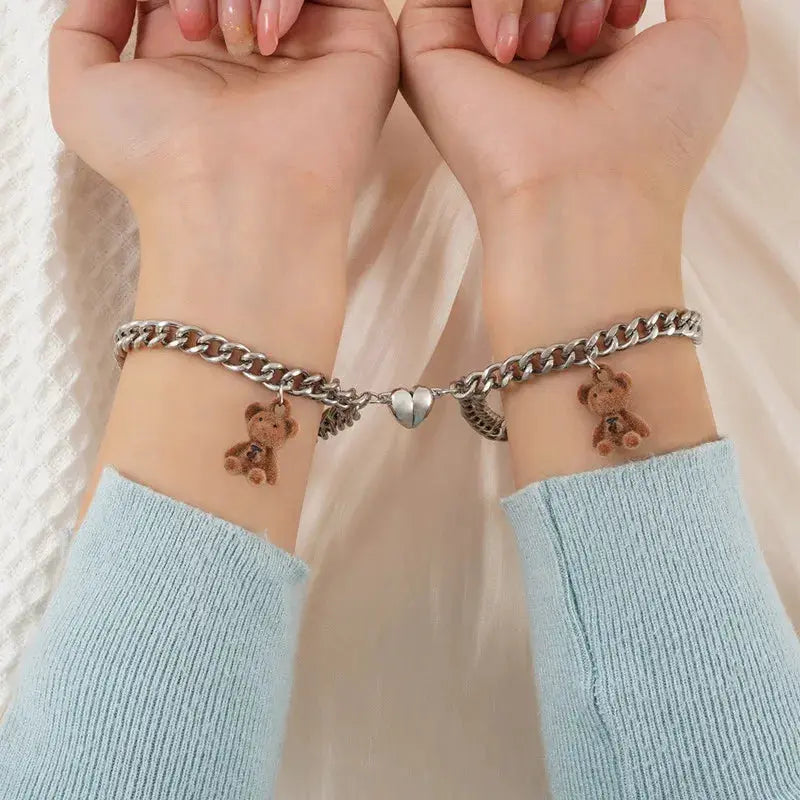 Two Piece Set Magnetic Couple Bracelets Heart Attraction Stainless Steel Cuban Chain Key Lock Jewelry Gifts