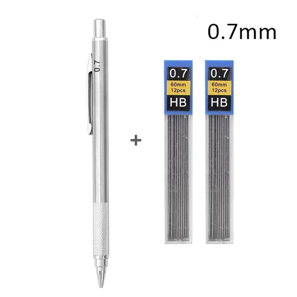 Metal mechanical pencil with knurled grip and clip, 0.7mm, plus two packs of HB lead refills (60mm, 12pcs each)