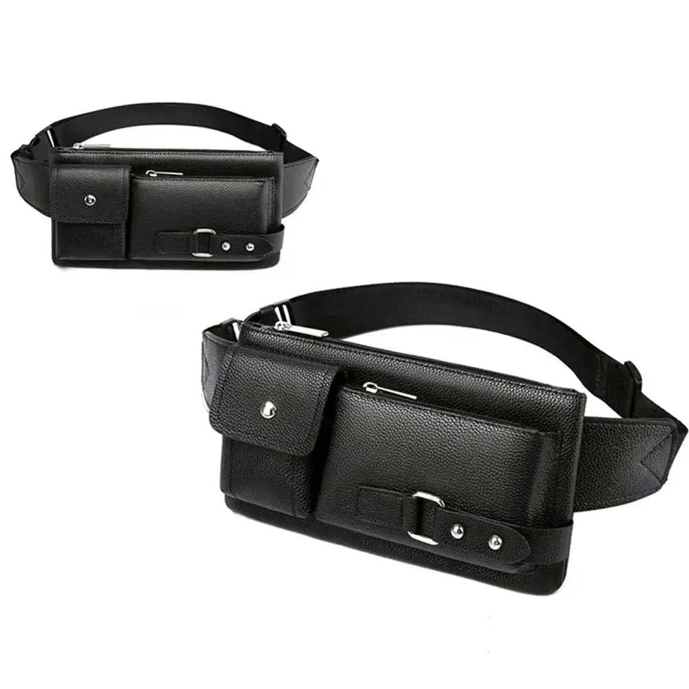Leather waist bag set: two black bags with front pocket and adjustable belt strap
