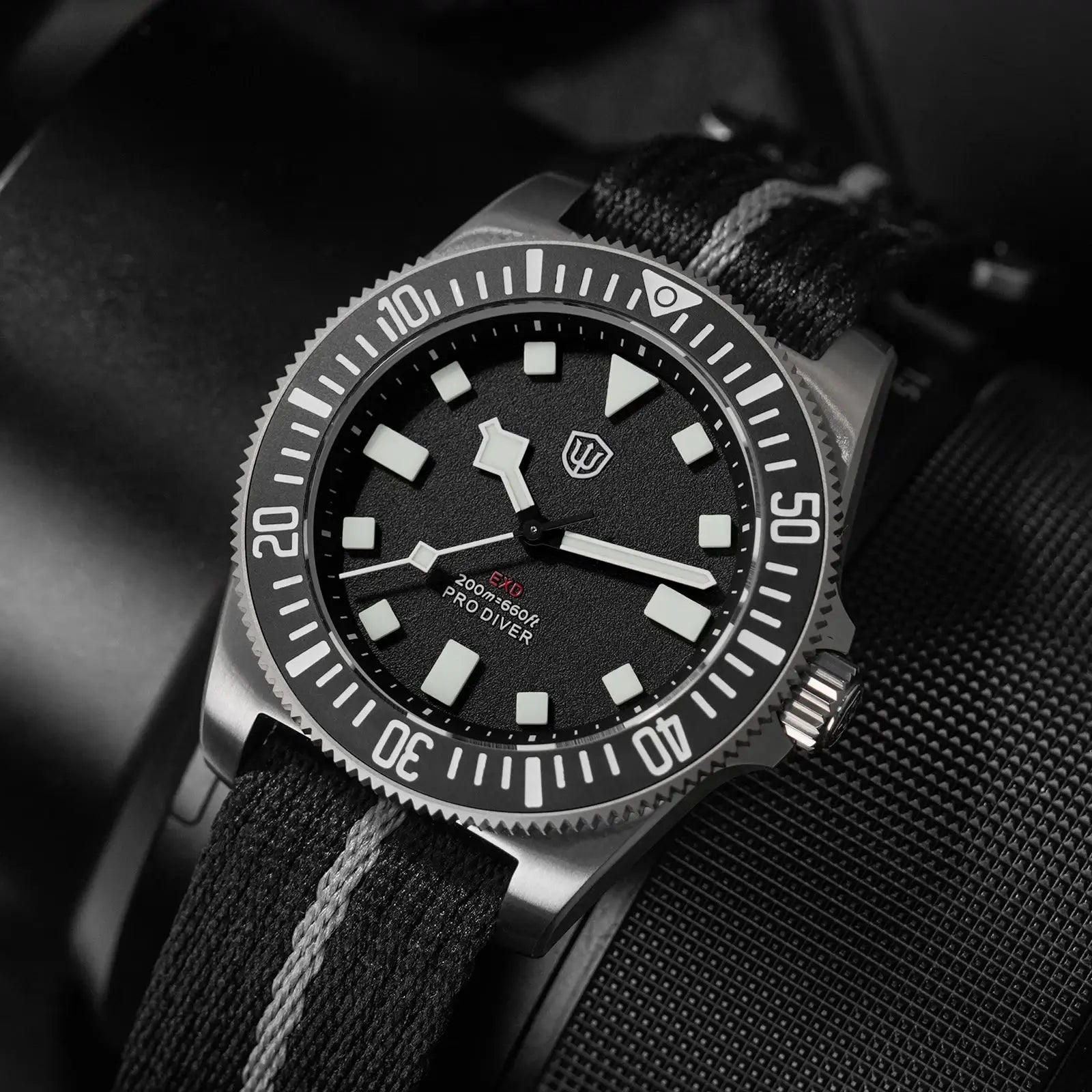 Watchdives EXD 40mm titanium dive watch on black fabric strap; luminous indices and steel bezel