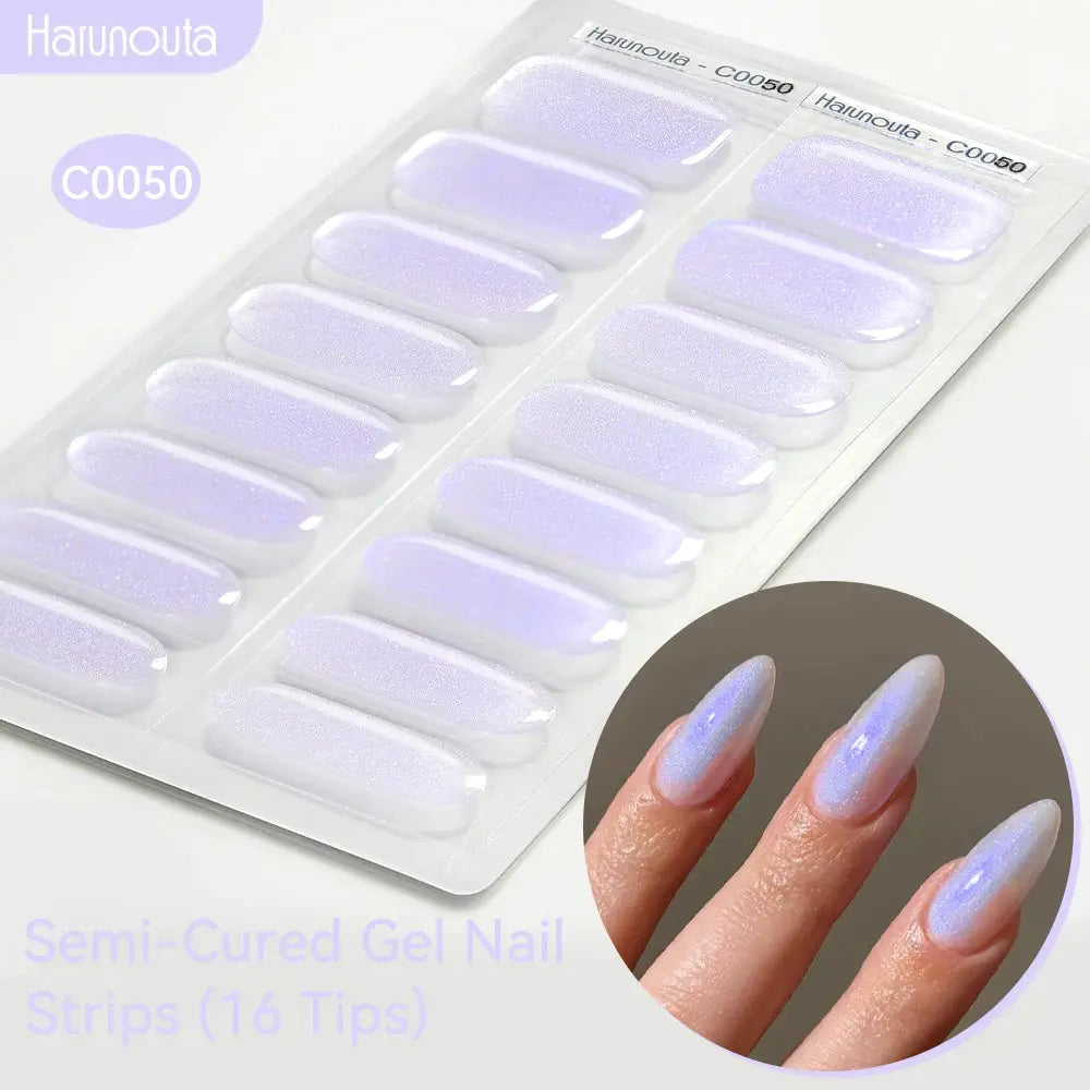 Gel nail strips Gradient Auroras, lavender glitter, semi-cured, 16 tips, Harunouta