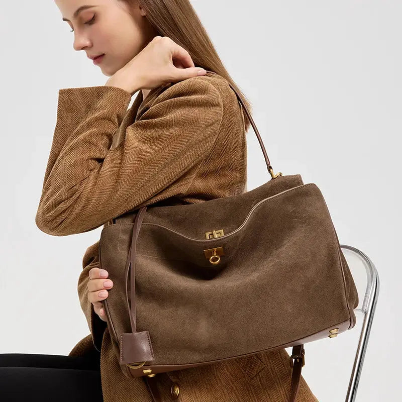 Luxora Autumn Winter Womens Suede Genuine Leather Shoulder Tote Bag Large Capacity Designer Handbag