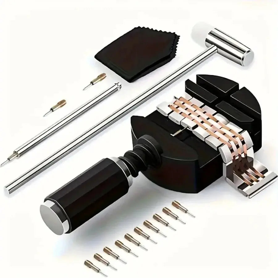 Watch link removal tool kit with black handle and stainless steel pins