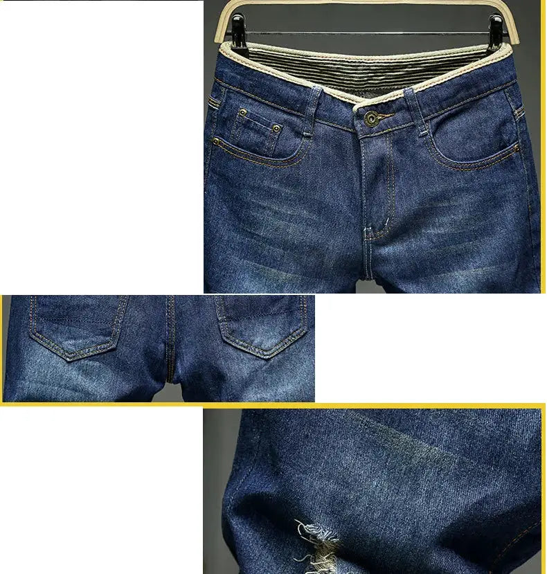 Men's denim shorts by Simples Market; light blue slim-fit shorts with elastic waistband and distressed knee details.
