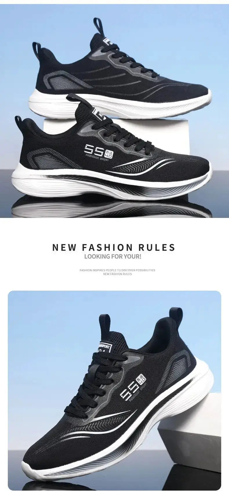 Simples Market men's black running sneakers with chunky white sole, two shown