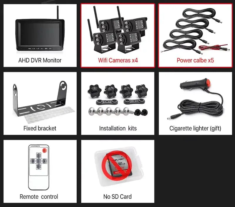 GreenYi 7-inch AHD DVR monitor kit with 4 WiFi cameras, 5 power cables, fixed bracket, remote control, no SD card