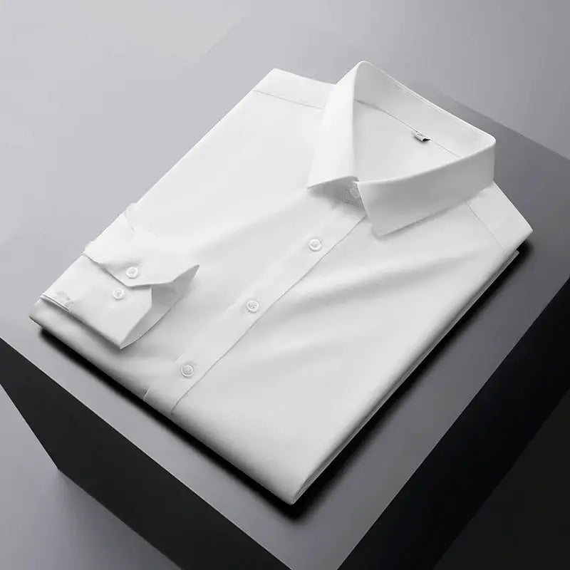 Men's white wrinkle-resistant long-sleeve shirt, business casual, folded for display