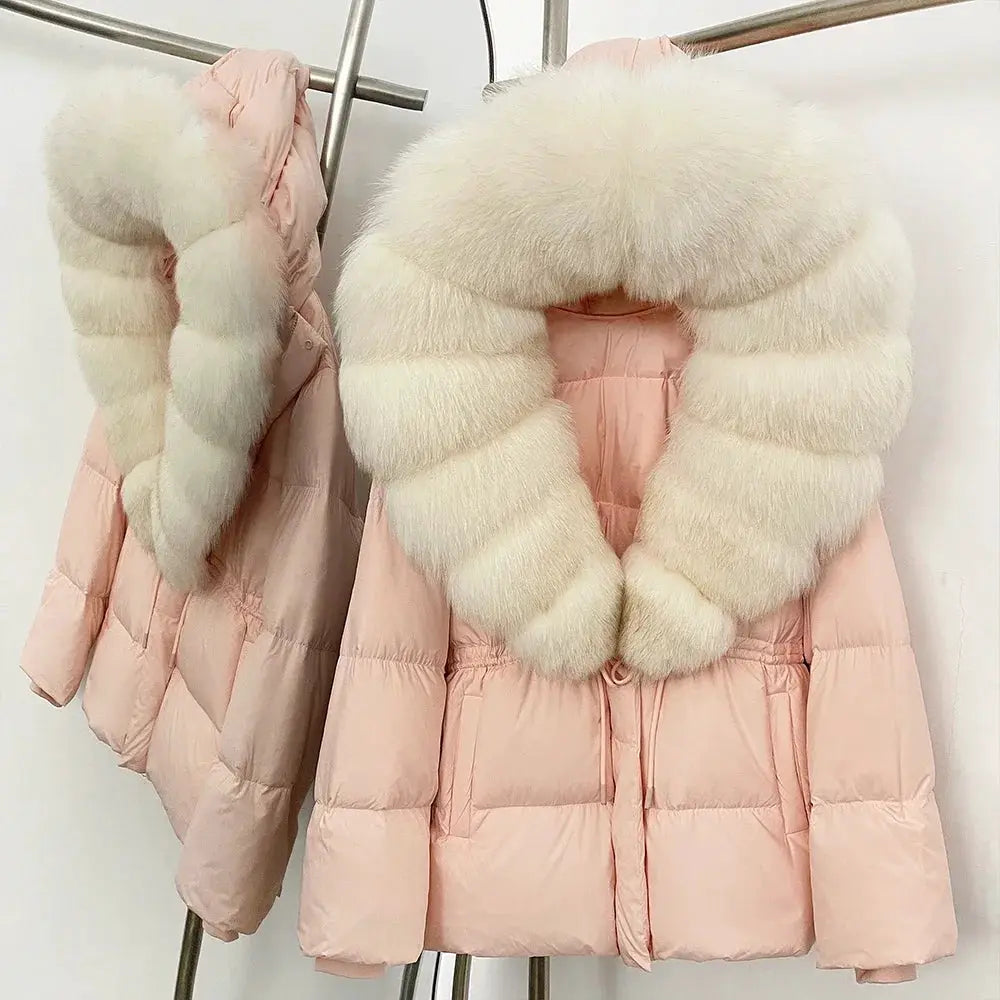 Womens Real Fox Fur Collar Duck Down Coat With Raccoon Fur Trim Hooded Puffer Jacket