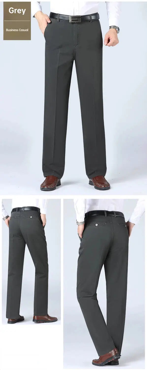 Men's grey 100% cotton office pants, high-waist straight loose fit for business casual