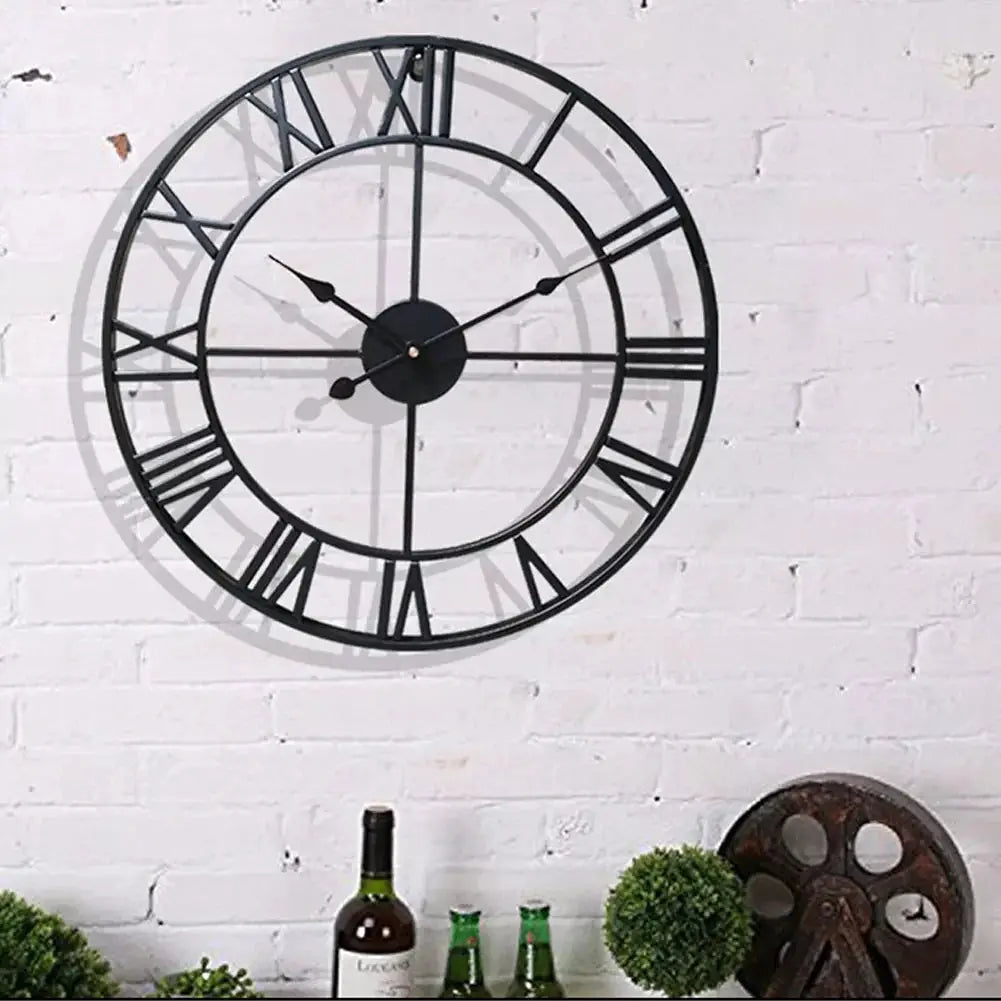 Modern 3D large wall clock with Roman numerals, black metal frame for living room decor