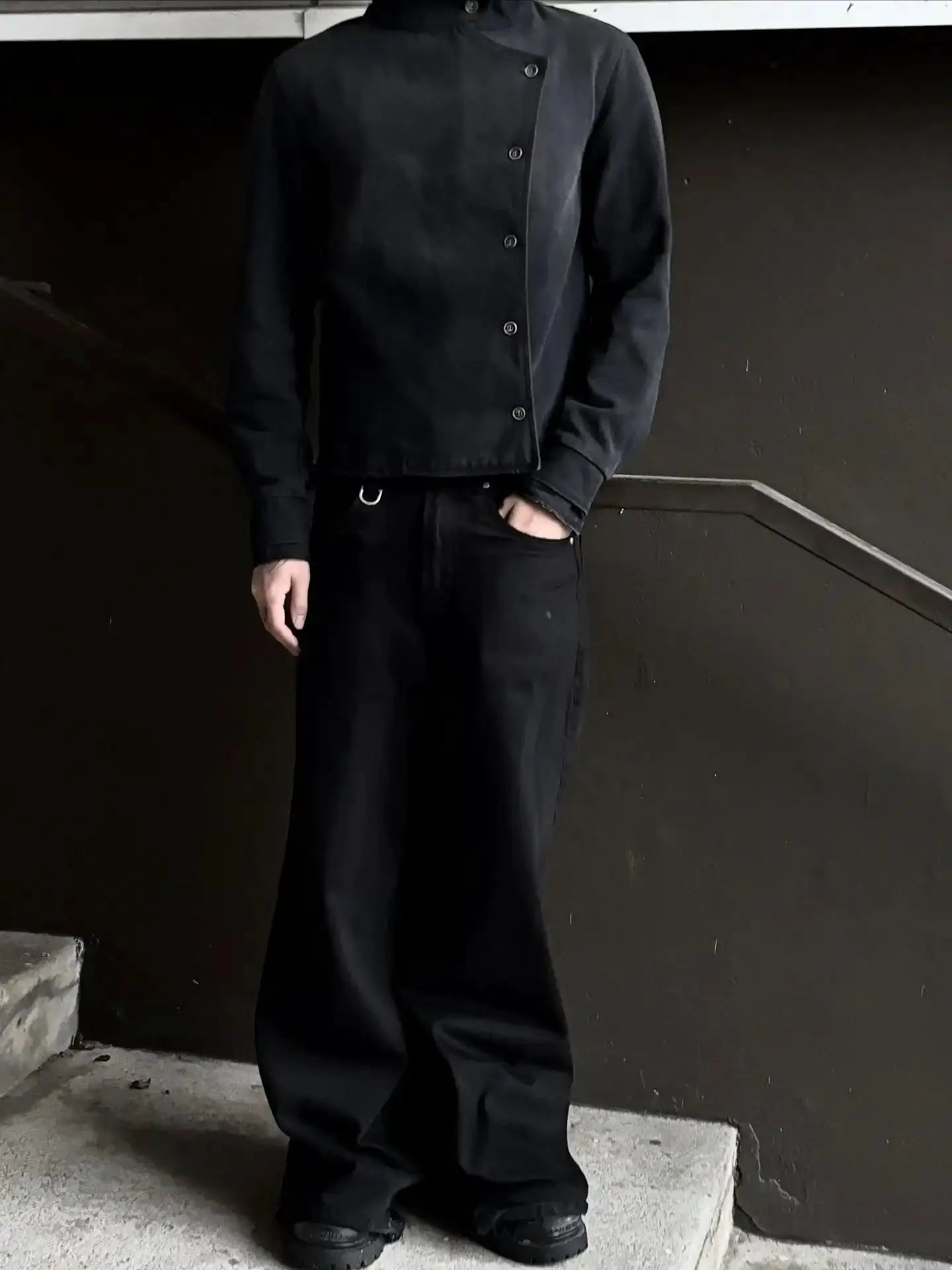 Y2k Fencing Jacket by Simples Market, black canvas cotton, asymmetric front buttons, unisex