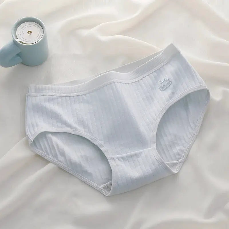 Simples Market women's high-waist cotton briefs, ribbed pale blue, antibacterial underwear.