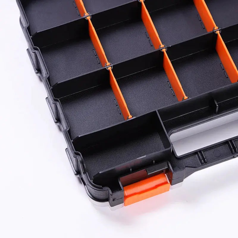 Single/Double Sided hand-held plastic hardware tool accessory box by Simples Market with orange dividers and latch