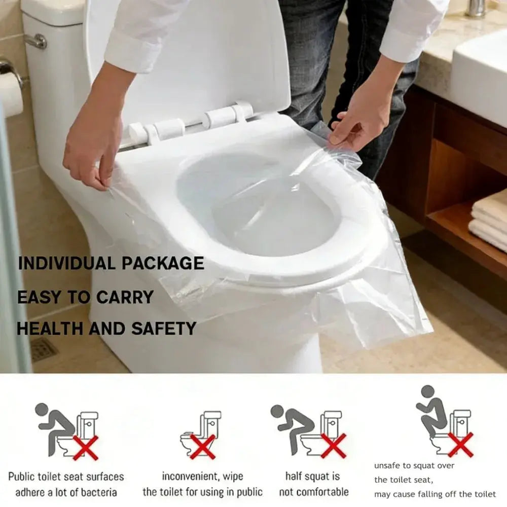 Disposable toilet seat cover in an individual package by Simples Market; white plastic bathroom mat protector.