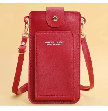 Red soft leather crossbody wallet purse with shoulder strap, phone pocket and card slot, Forever Lovely gold hardware.