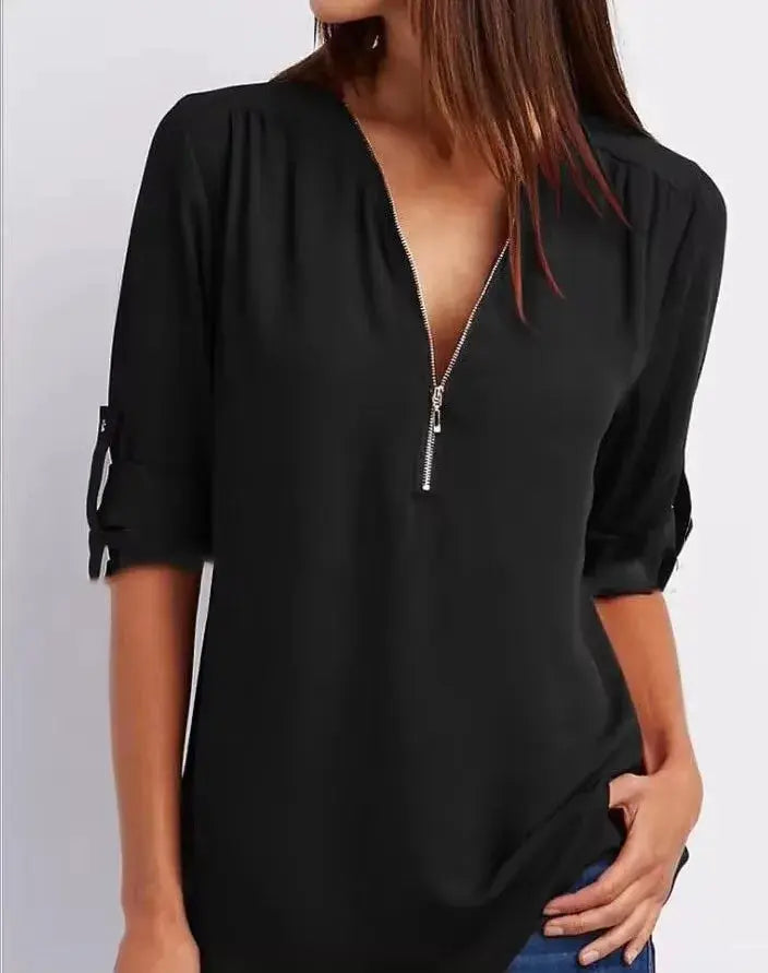 Women's black chiffon blouse with deep V-neck zipper, loose fit and rolled sleeves