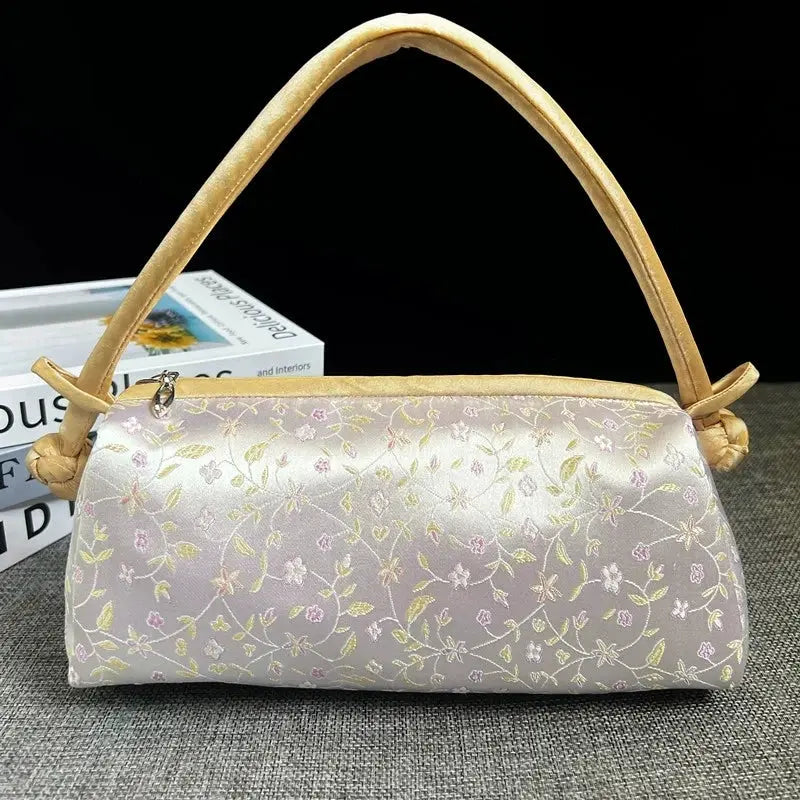 Shoulder bag Simples Market lavender satin with embroidered floral pattern and gold handle