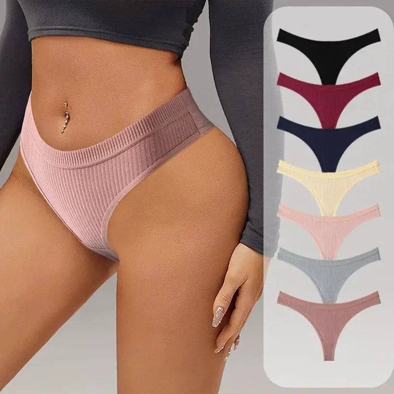 7Pcs Simples Market cotton thong panties in assorted colors with ribbed fabric