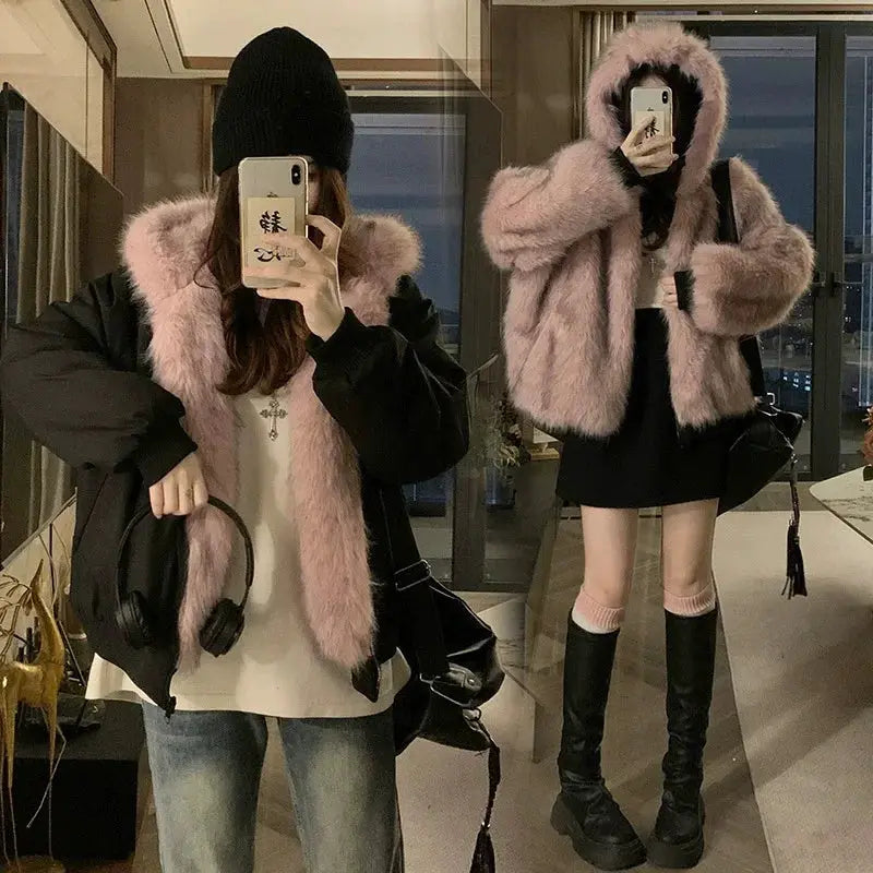 LuxeFur Double Sided Imitation Mink Fur Hooded Coat For Women With Plush Cotton Padding For Warmth