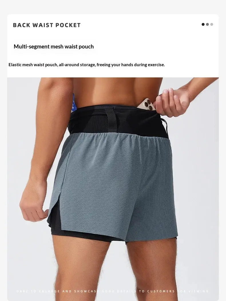 Mens summer running shorts with back waist pocket; gray outer layer over black inner shorts, Simples Market