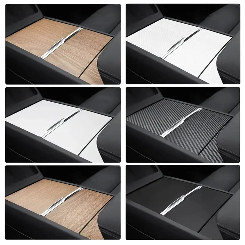 Center console protector sticker set for Tesla Model 3 by Simples Market - six finishes shown (2024-2026)