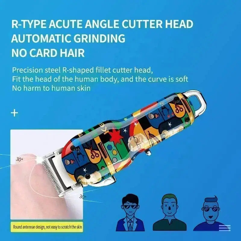 Kemei professional electric hair clipper with colorful graffiti pattern; rechargeable beard trimmer by Simples Market