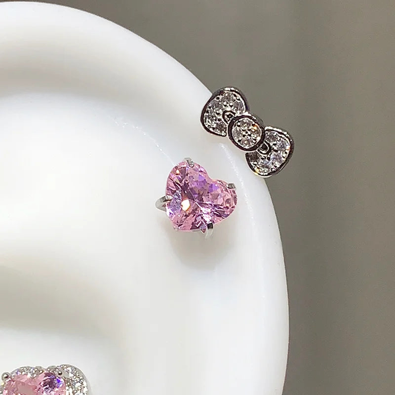 2pc earring set: bowknot crystal & pink heart zircon studs, 316L stainless steel, Simples Market
