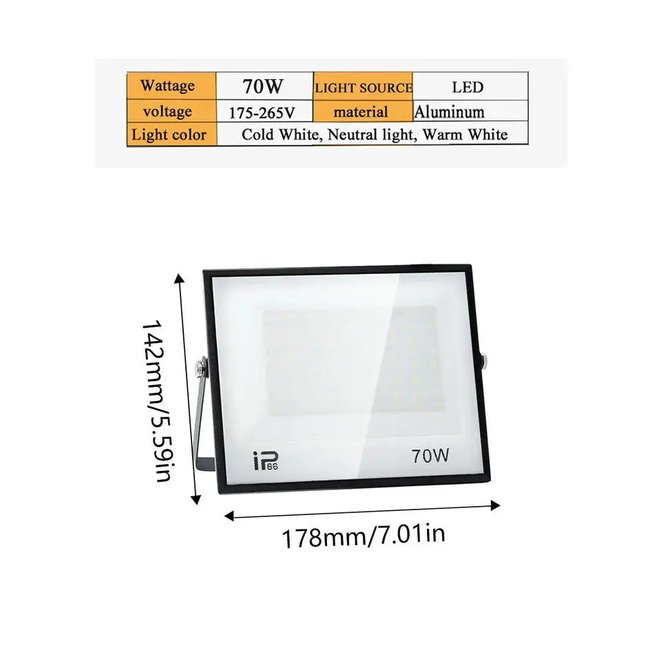 Simples Market 70W outdoor IP65 LED floodlight with mounting bracket for garden lighting, 178x142mm