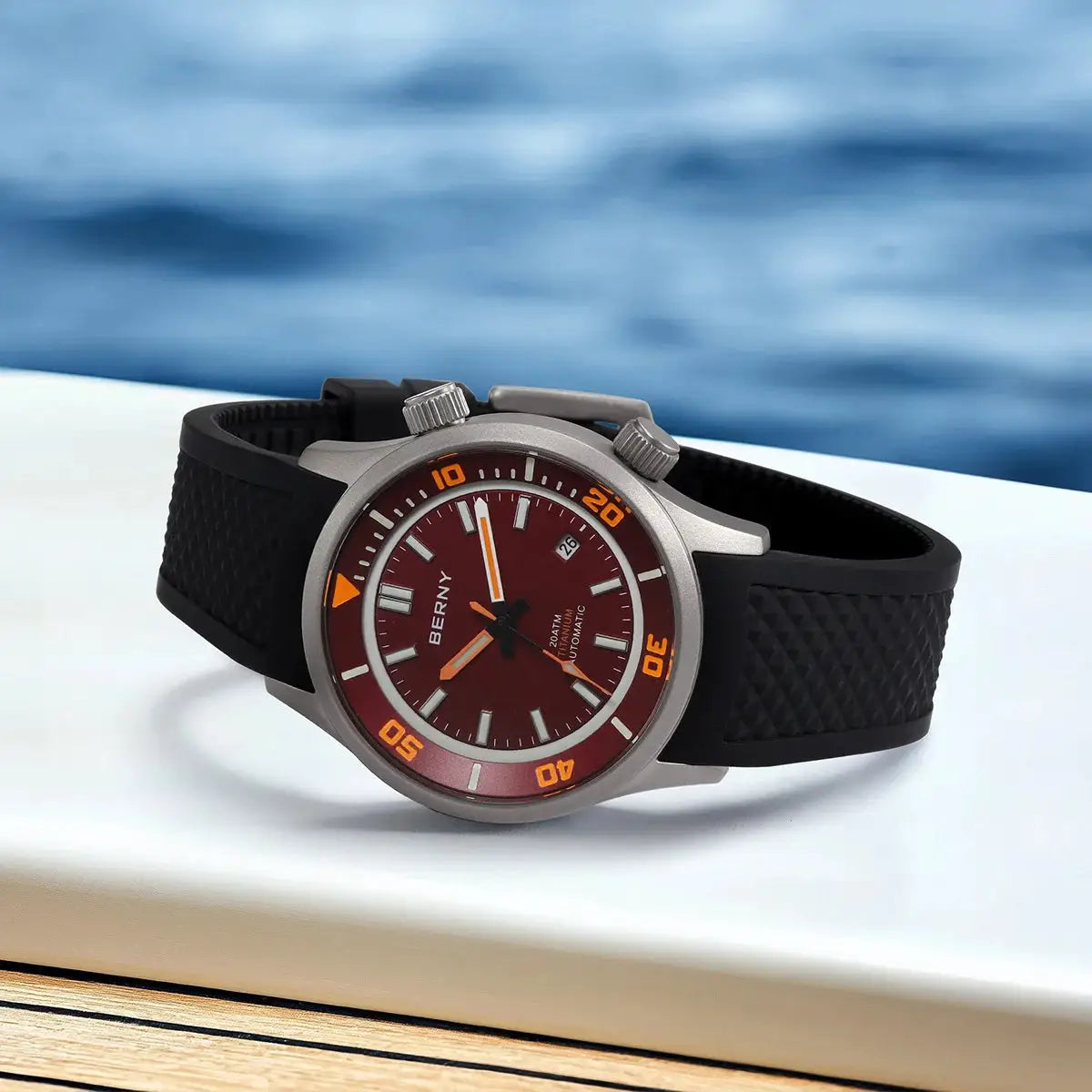 BERNY 20ATM titanium automatic diver watch for men, red dial with orange bezel and black rubber strap