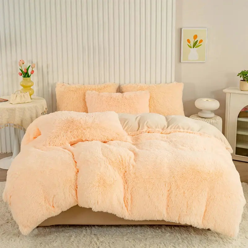 Simples Market 3-Piece Plush Duvet Cover Set in peach fluffy texture with matching pillows on bed