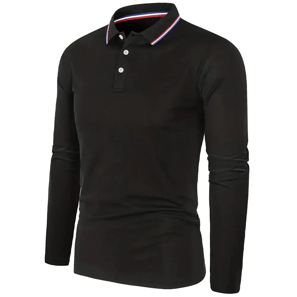 Men's black long-sleeve polo shirt with red-white-blue striped collar