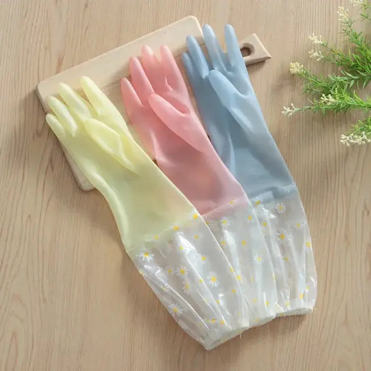 Simples Market floral pattern latex cleaning gloves, set of 3 in yellow, pink, and blue, waterproof for kitchen