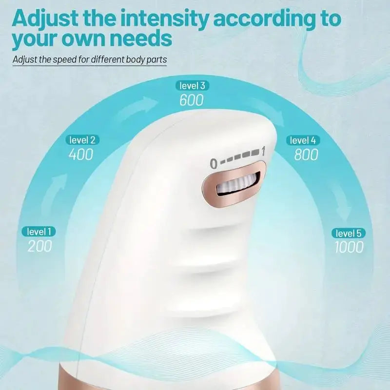 Simples Market cellulite massager handheld electric device, white body with copper trim, 5 adjustable intensity levels.