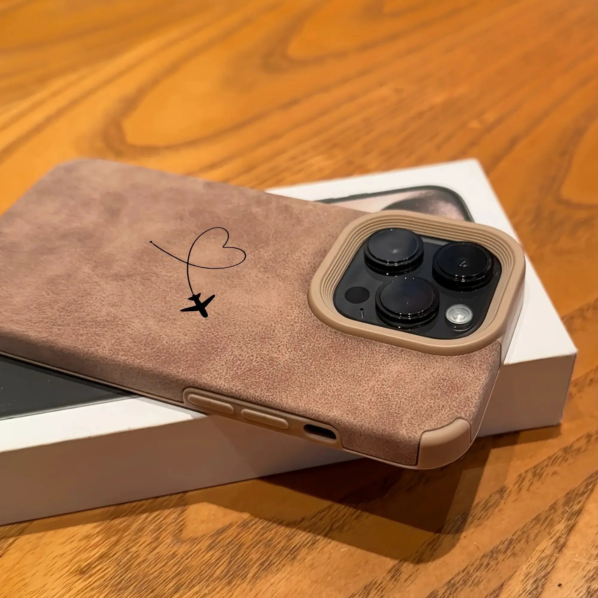 Airplane Route Love Heart Design faux leather iPhone case, tan color with triple-camera cutouts, Simples Market