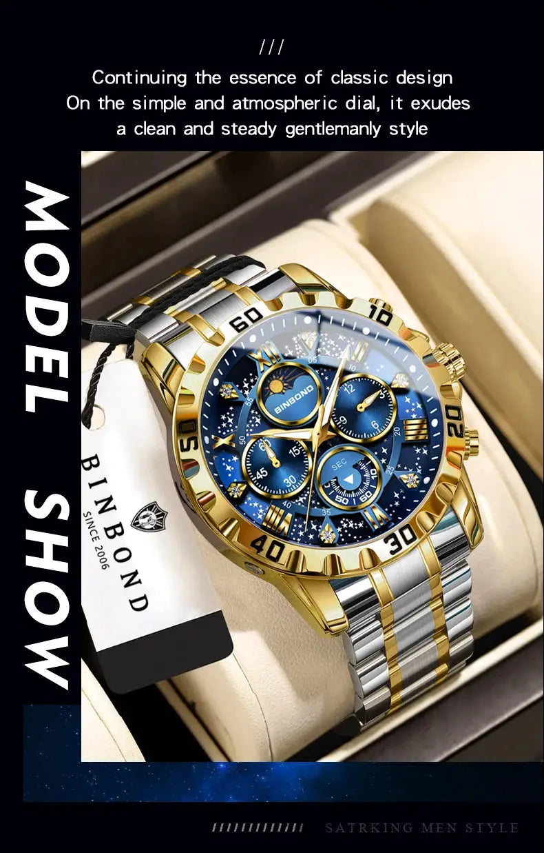 Men's BINBOND watch with blue dial, gold bezel, luminous markers, chronograph, two-tone stainless steel bracelet