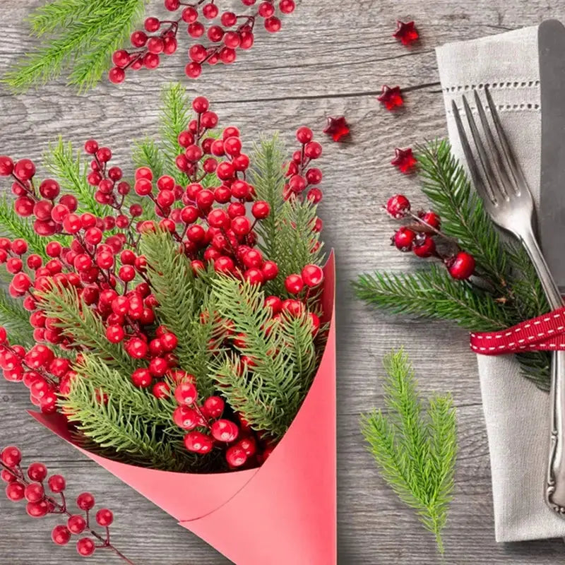 Simples Market 10-pack artificial pine branches with red berries bouquet for Christmas tree and wreaths