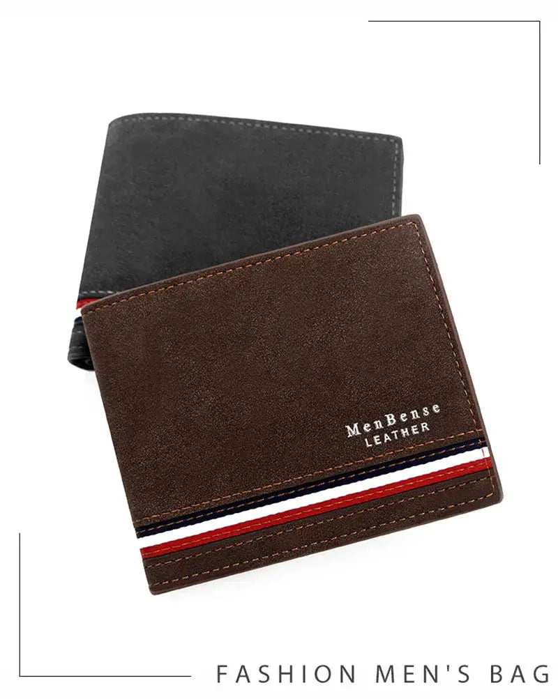 Two PU leather men's wallets, brown front striped with red white blue, black wallet in back