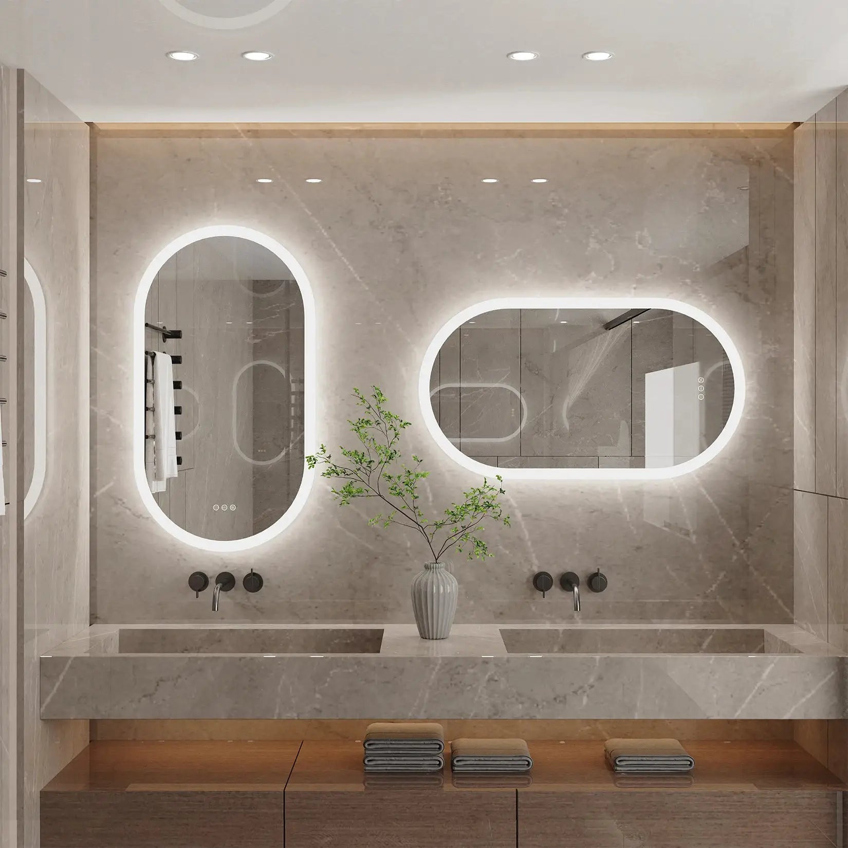 LED bathroom mirrors: 2 oval, wall-mounted, backlit frameless vanity mirrors with LED halo lighting