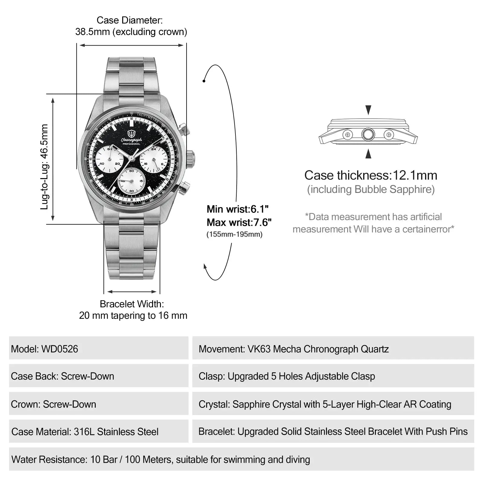 Watchdives WD0526 VK63 mecha-quartz chronograph stainless steel watch, 38.5mm, sapphire crystal, 100m water resistant