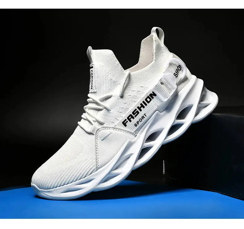 Sneakers unisex white mesh breathable upper with thick sculpted sole, athletic casual shoes