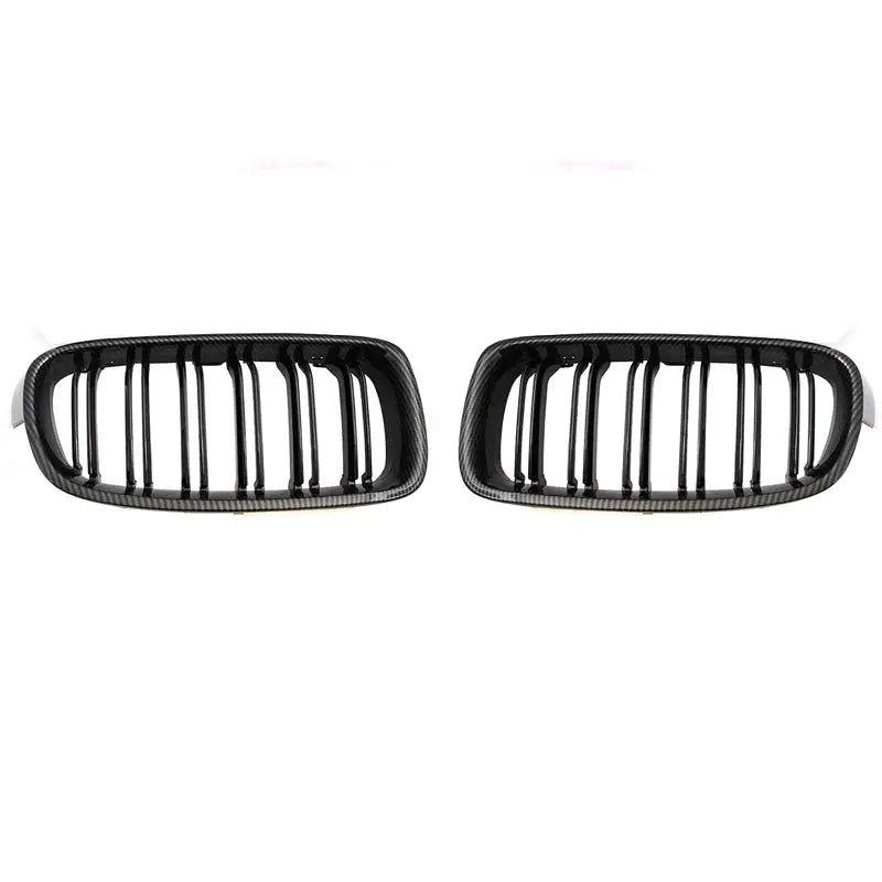 BMW front kidney grille pair with dual-slats, carbon-fiber finish, ABS for 2012-2018 F30/F31/F35