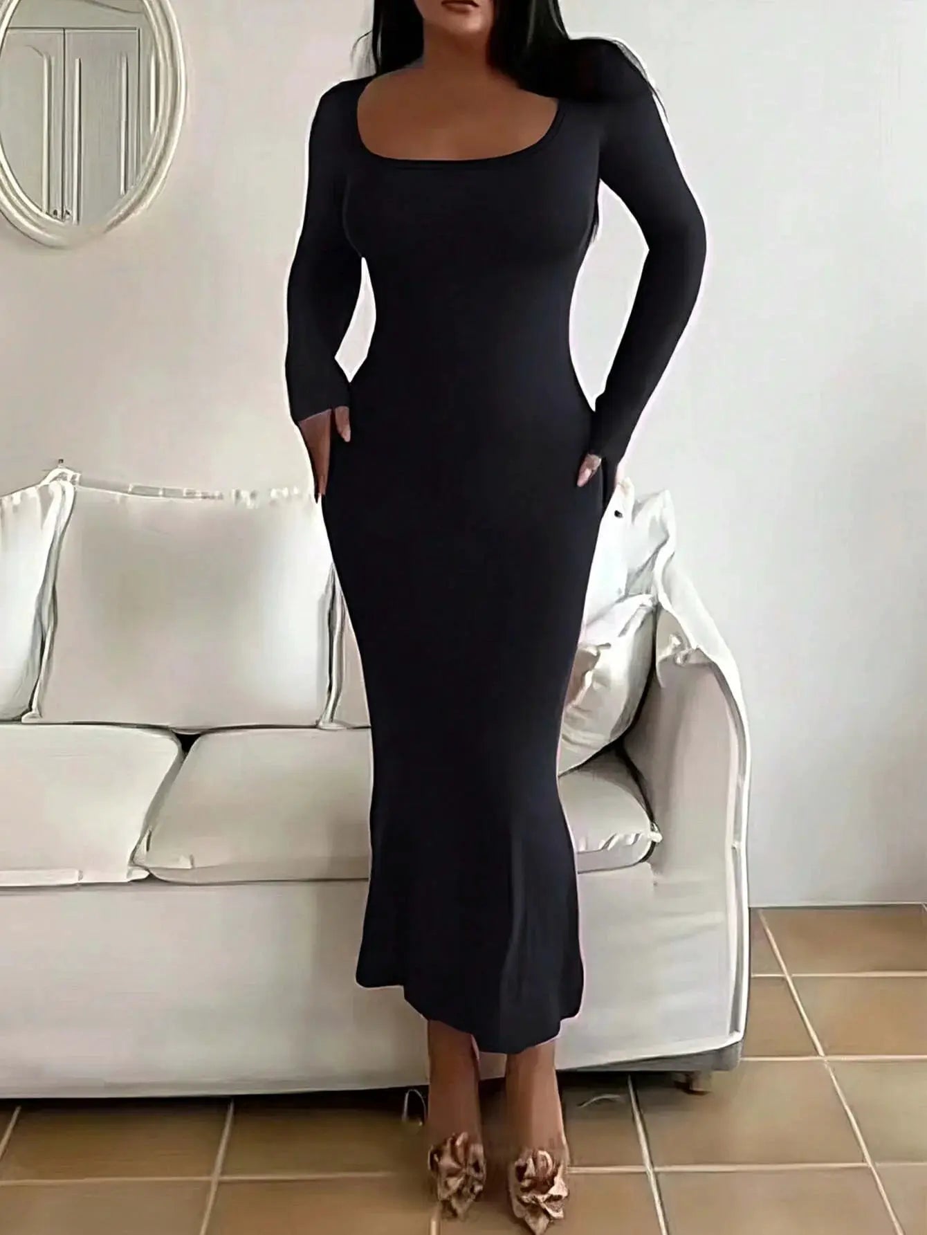 LuxeLine Womens Solid Long Sleeve Bodycon Dress With Square Neckline Ankle Length Silhouette And Stretch Fabric