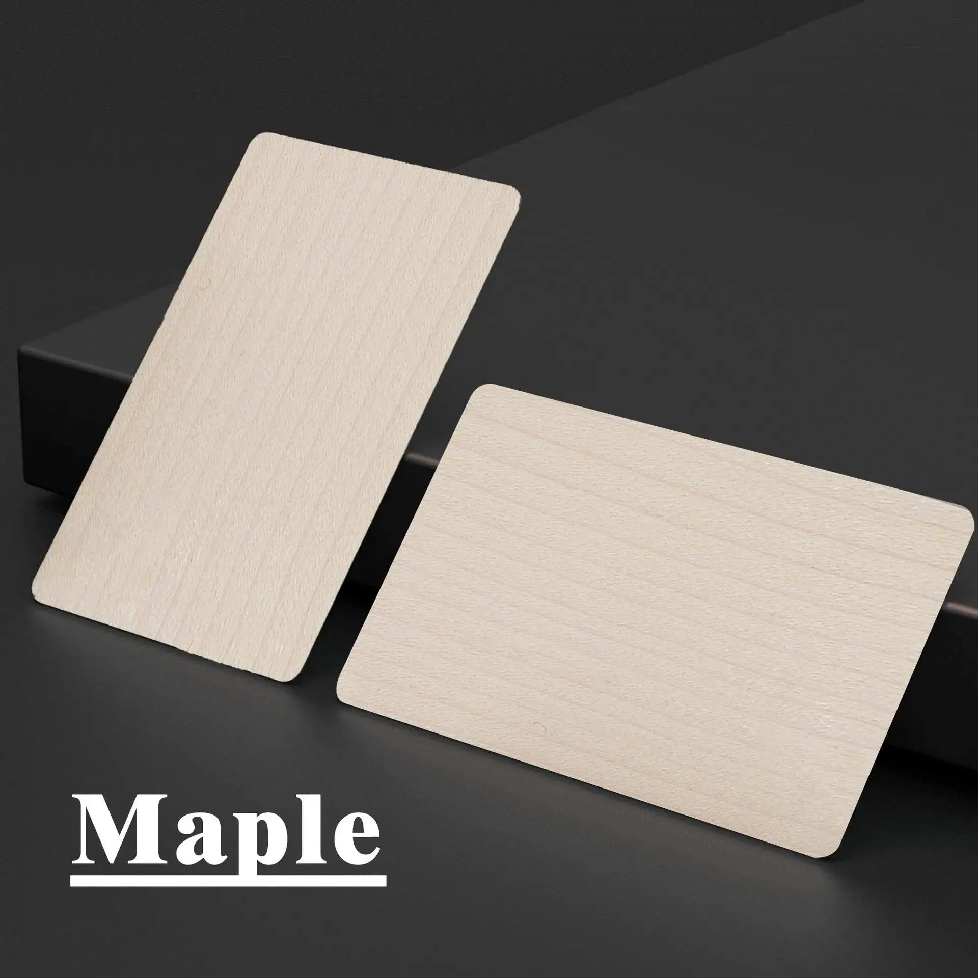 3 Maple wooden NFC cards by Simples Market; laser-cut, rounded corners, light wood finish