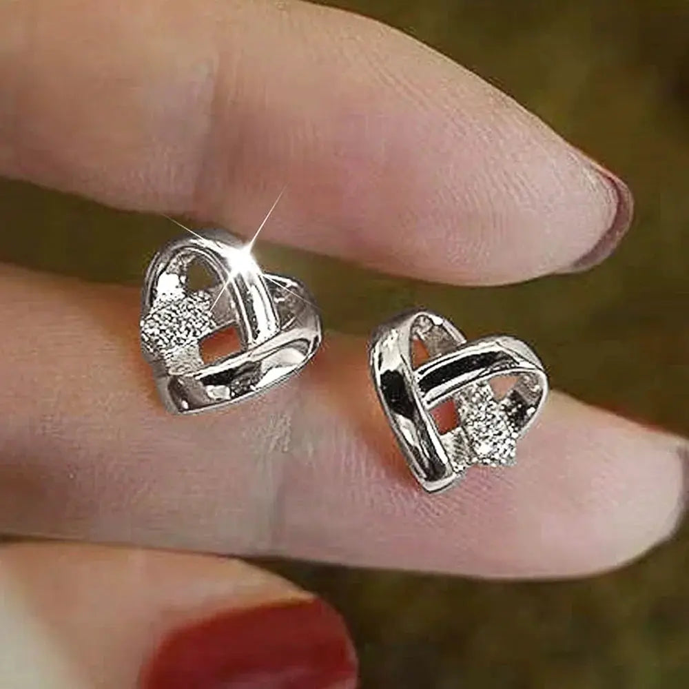 Eternity Love Heart Stud Earrings pair in silver-tone with cubic zirconia