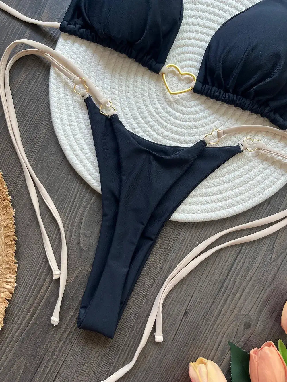 RUOTONSEPT black halter bikini set with beige straps, two-piece triangle thong bottom, gold heart ring accents