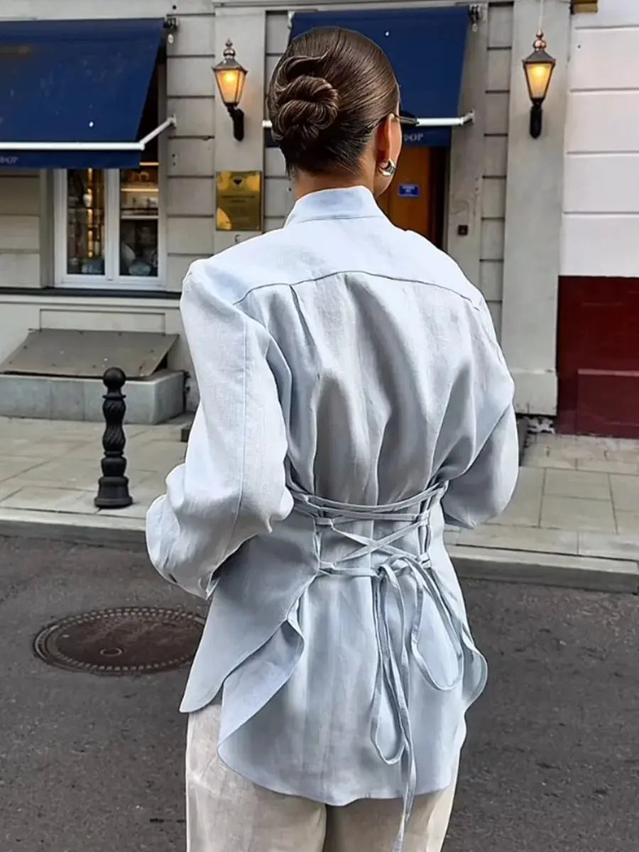 Wolfeel 100% cotton belted shirt cardigan in light blue with back lace-up ties